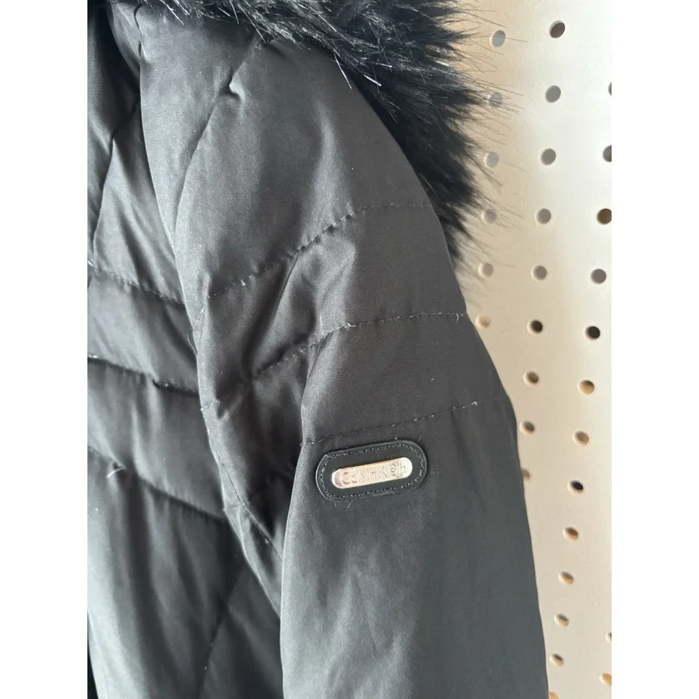 Calvin Klein Puffer Jacket Women's Small Black Duck Down Coat Parka Fur Hood Zip